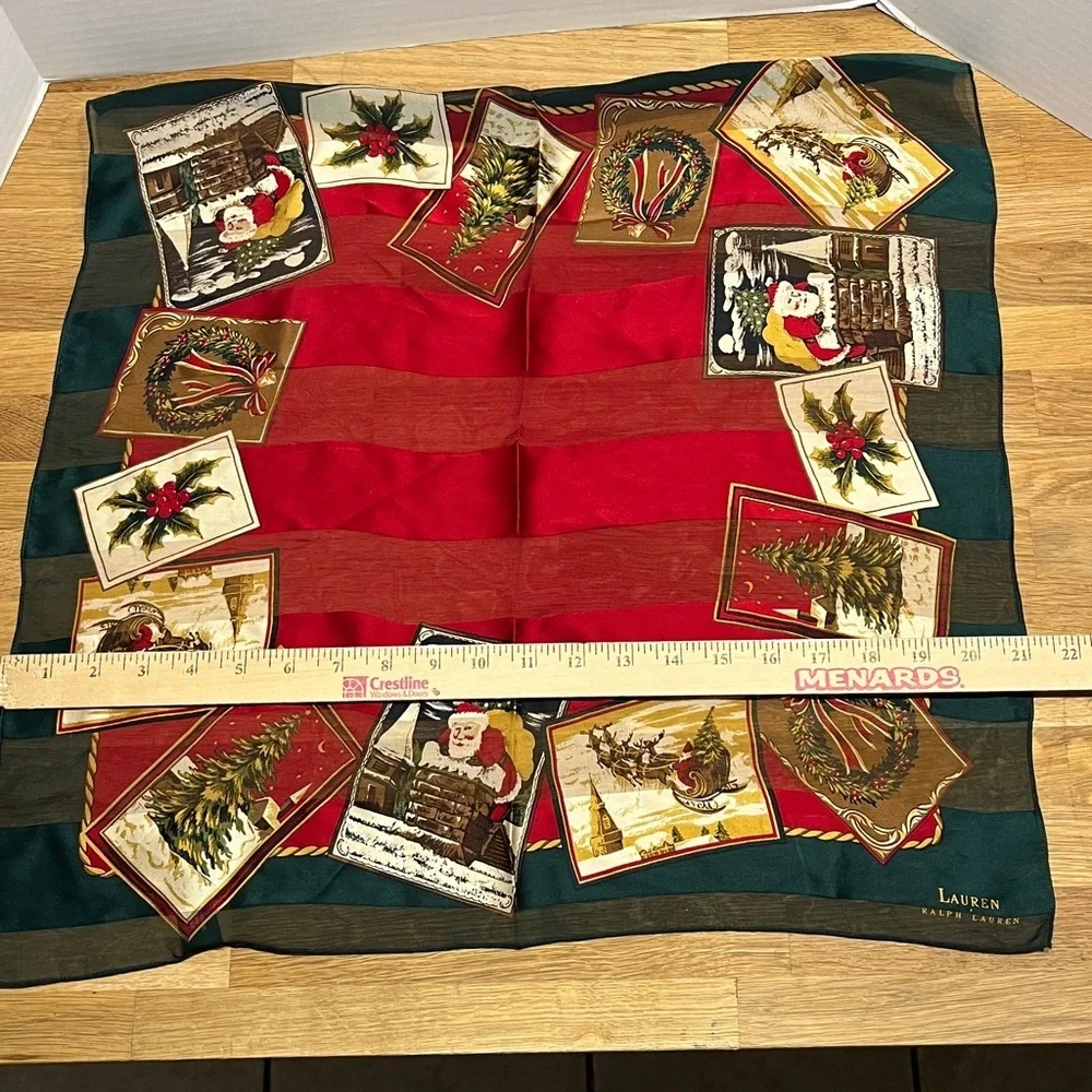 Lauren Ralph Lauren 100% Silkisoie Red & Green Christmas Postcards Square Scarf